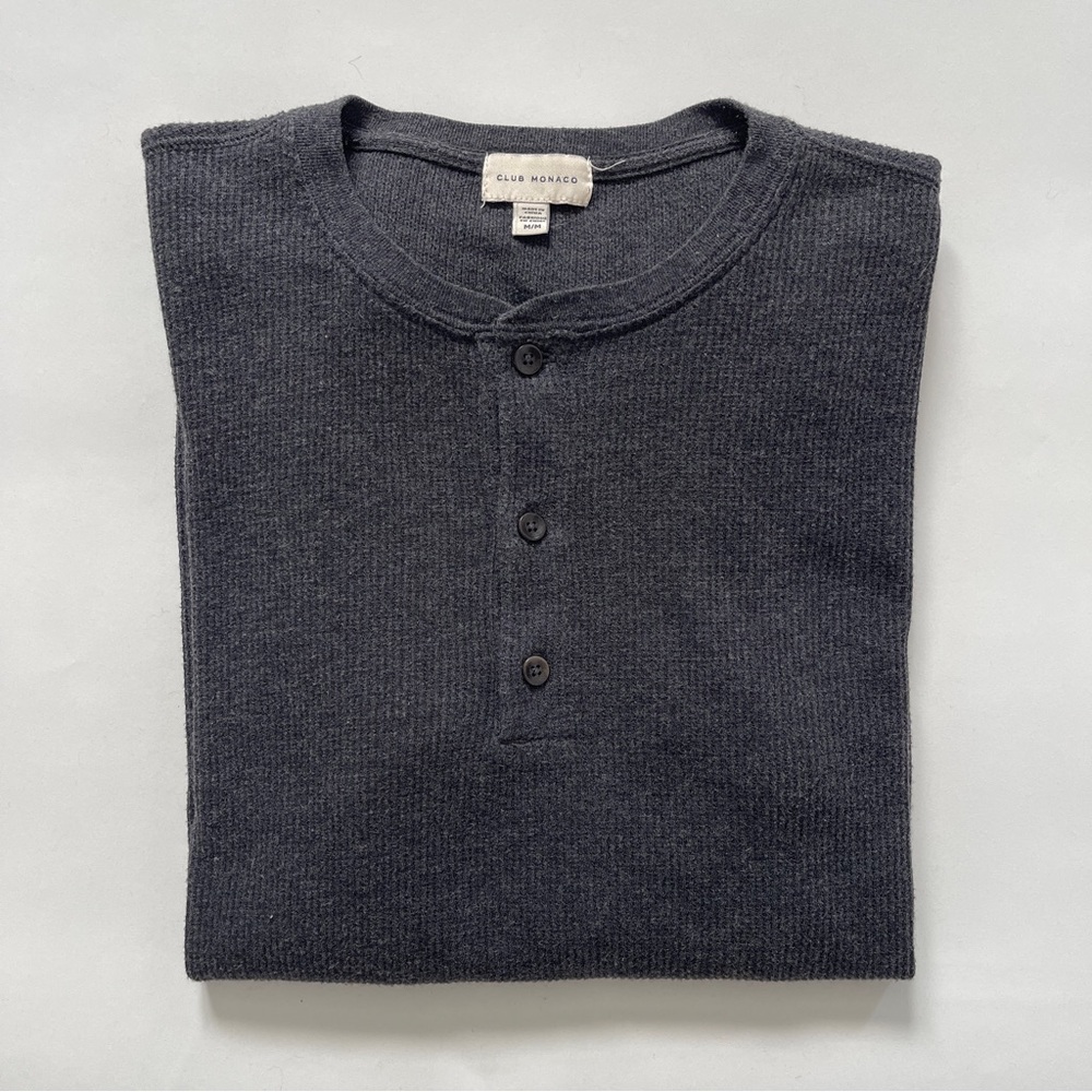 Club Monaco Waffle Knit, Long Sleeve Charcoal Henley